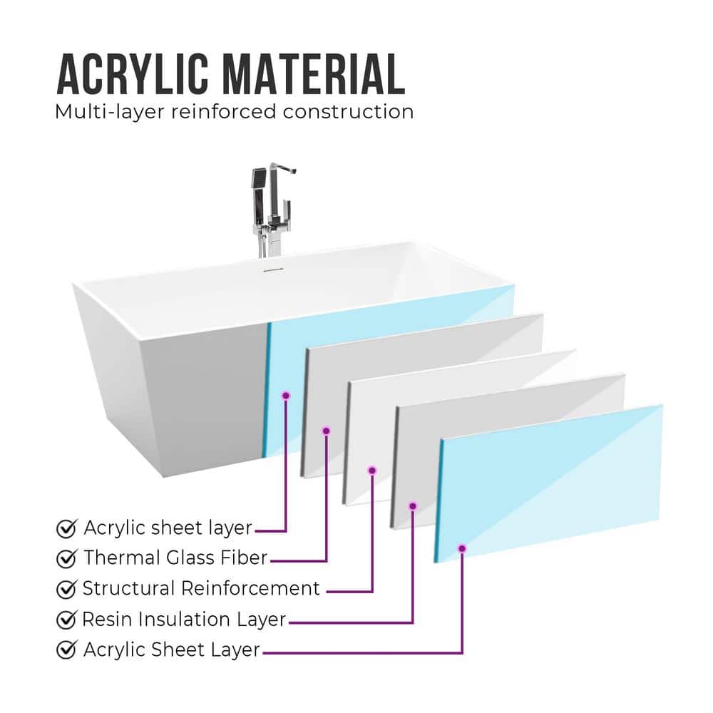 67" White Acrylic Freestanding Soaking Bathtub with Overflow