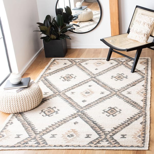 Kilim Ivory/Black 6 ft. x 9 ft. Native American Trellis Border Area Rug