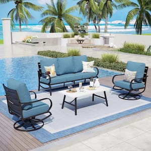 Metal 5 Seat 4-Piece Steel Outdoor Patio Conversation Set with Swivel Chairs, Denim Blue Cushions, Marble Pattern Table