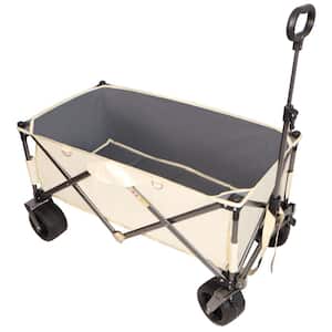29 cu. ft. Antique White+Gray Steel Folding Wagon, Adjustable Handle & Drink Holders-Convenient Folding Garden Cart