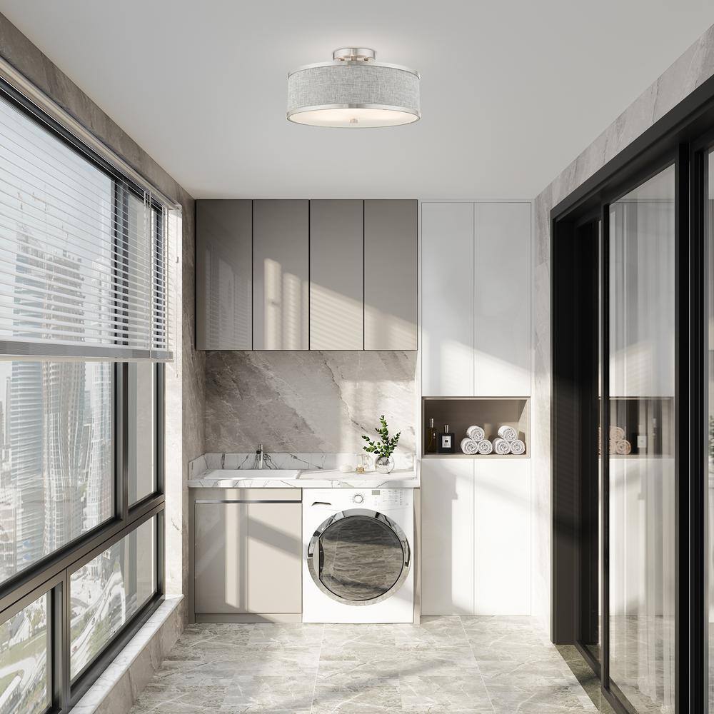 Brushed Nickel 3-Light Semi-Flush Drum Ceiling Fixture with Handcrafted Gray Fabric Shade