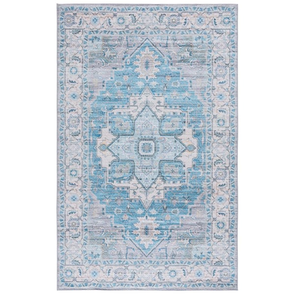 SAFAVIEH Martha Stewart Washable Gray/Turquoise 5 ft. x 8 ft. Machine Washable Floral Medallion Area Rug