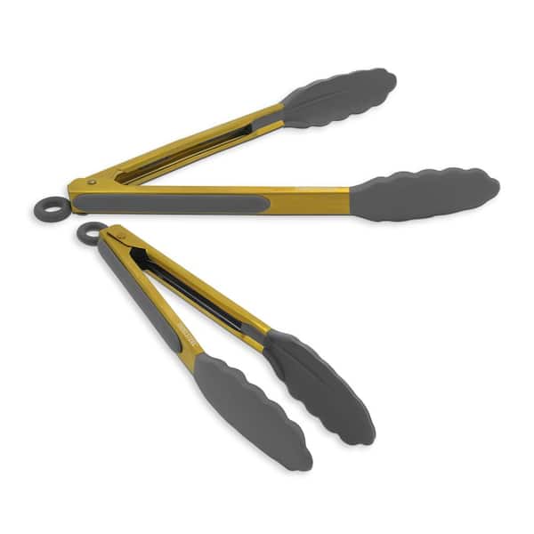 9 in. / 12 in. S/S Gold Plated Grey Silicone Tong w/Stay Cool Handle