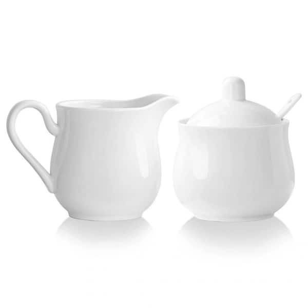12 fl. oz. White Ceramic Sugar Bowl and Creamer Set, Coffee Serving Set, Cream Pitcher Sugar Bowl with Lid and Spoon