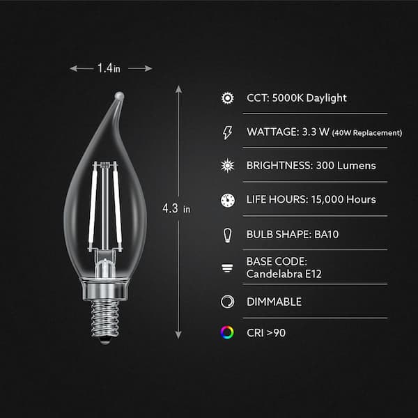 Feit Electric 25-Watt Equivalent CA10 Dimmable Candelabra Smoke Glass Vintage Edison LED Light Bulb with Filament Daylight (12-Pack)