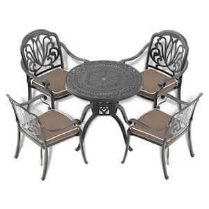 Elizabeth Black 5-Piece Cast Aluminum Outdoor Dining Set with 31.5 in. Round Table and Random Color Seat Cushions