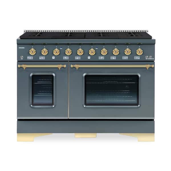 Hallman CLASSICO 48-in 6.7 TTL CF 8-Burners Double Oven All Gas Range with NG Gas Stove-Gas Oven, in Blue/Grey W/Brass Trim