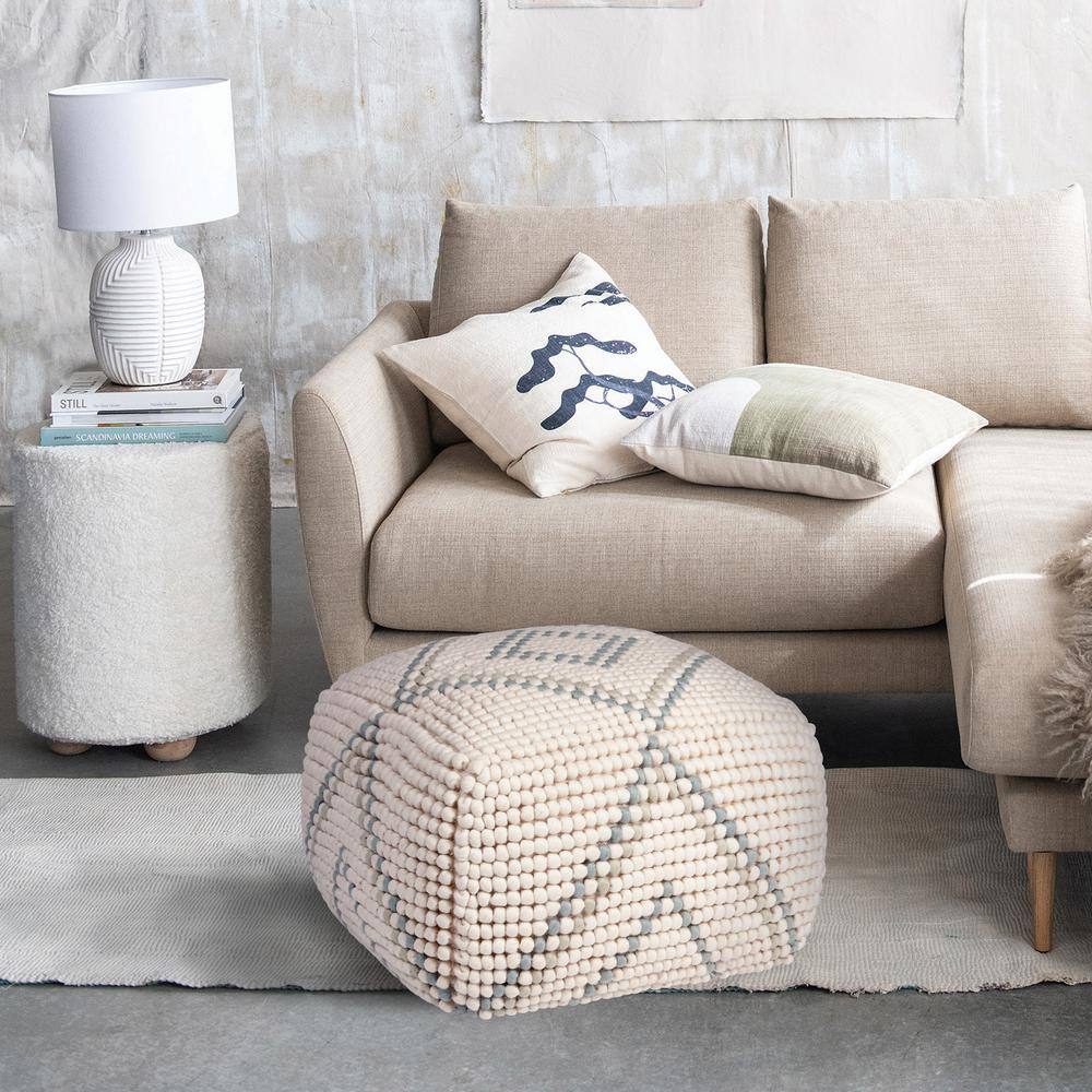 Oversized Cream & Teal New Zealand Wool Square Pouf