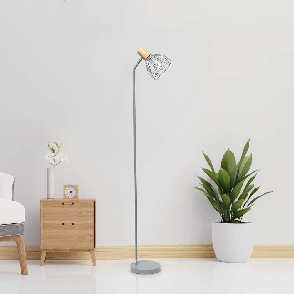 Gray Adjustable Industrial Farmhouse Floor Lamp with Wire Cage Shade