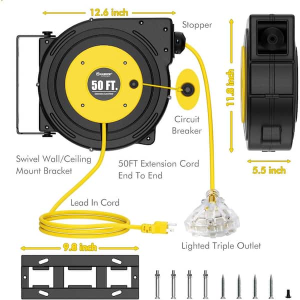 50 ft. 14AWG/3C, 13 Amp Retractable Extension Cord Reel with 3 Grounded Outlet, Wall or Ceiling Mountable, Yellow