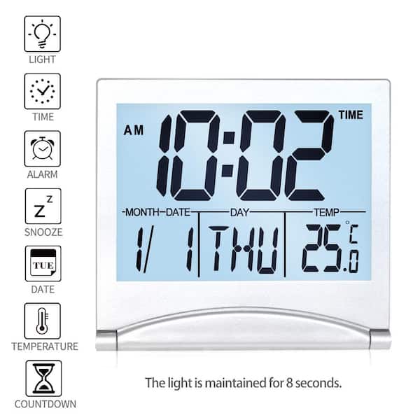 Desk Alarm Clock Calendar Alarm Day Temperature Digital Large Number LCD Silver 