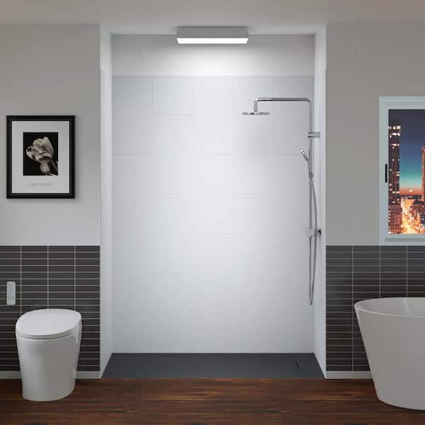 60 in. L x 36 in. W x 75 in. H 4-Pieces Alcove Shower Kit with Glue Up Shower Wall and Shower Pan in White and Black/BN