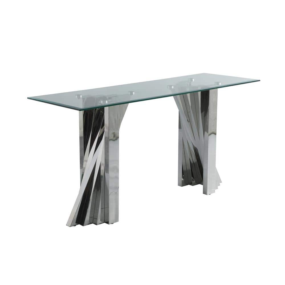 Modern Tempered Glass Console Table with Stainless Steel Spiral Base