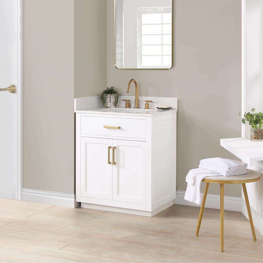 Gavino 30" White Solid Wood Bathroom Vanity with Gold Hardware