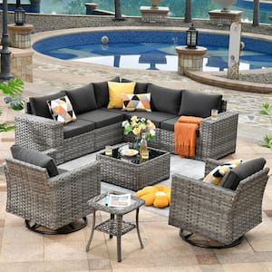 Marvel Gray 9-Piece Wicker Wide Arm Patio Conversation Set with Black Cushions and Swivel Rocking Chairs