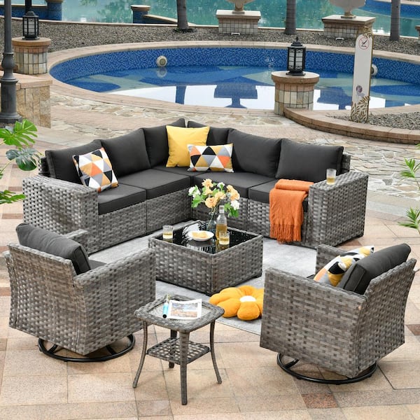 OVIOS Marvel Gray 9-Piece Wicker Wide Arm Patio Conversation Set with Black Cushions and Swivel Rocking Chairs