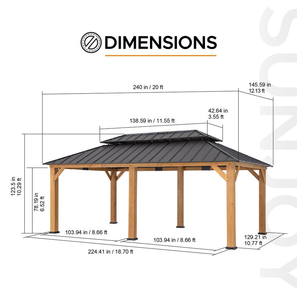 Sunjoy 12x20 ft Cedar Wood Gazebo with Steel Roof