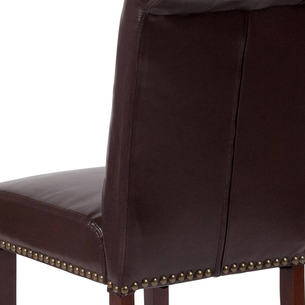 Brown Leather Parsons Side Chair with Walnut Finish