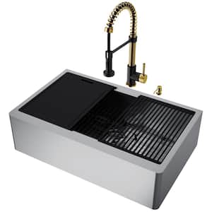 Oxford 33" Single Bowl Workstation Undermount Stainless Steel Farmhouse Sink with Ledge and Faucet with Accessories