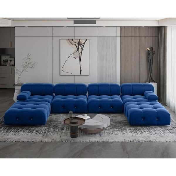 J&E Home 138.61 in. Square Arm 6-piece U Shaped Velvet Modular Free Combination Sectional Sofa with Ottoman in. Blue