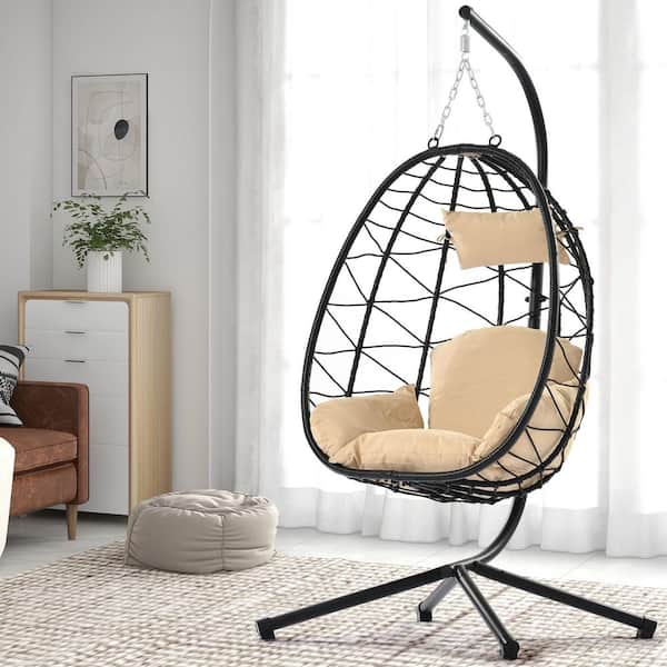Coporesell 1-Person Egg Swing Chair Black Wicker Outdoor Patio Hanging Chair with Beige Cushion