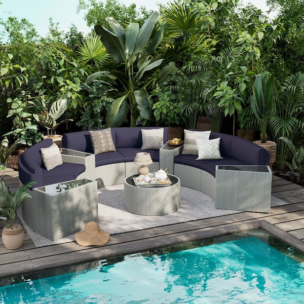 6-Person 11-Piece Fully Assembled Wicker Curved Half-Moon Outdoor Patio Conversation Set with Navy Cushions