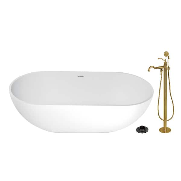 Arcticstone 70.1 in. x 34.6 in. Surface White Stone Flatbottom Soaking Freestanding Bathtub in White/Brushed Brass