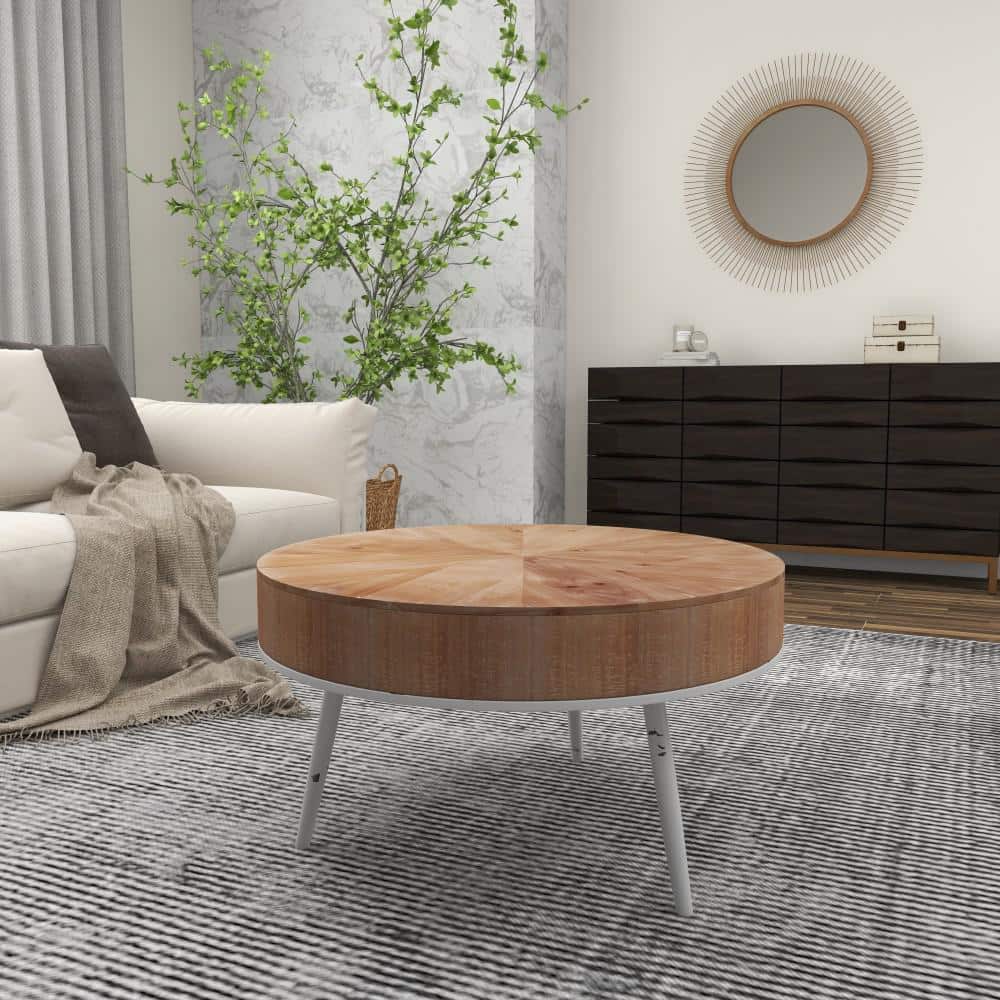 Modern Minimalist Round Coffee Table with White Distressed Iron Legs, 32"W