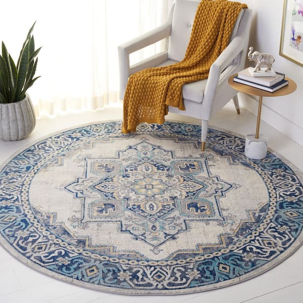 Brentwood 7 ft. x 7 ft. Aqua/Light Gray Floral Medallion Ornate Round Area Rug