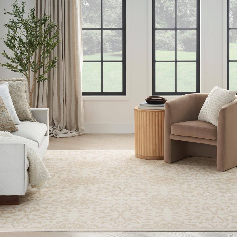 Ivory Beige Floral Synthetic Rectangular Area Rug 8'6" x 12'
