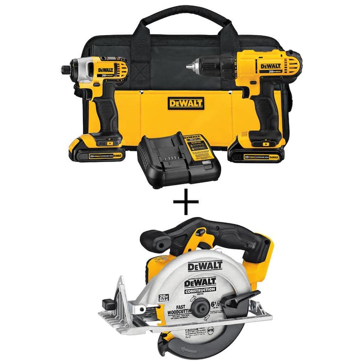 DEWALT 20V MAX Cordless Drill/Impact Combo Kit, 6.5 in. Circular Saw, (2) 20V 1.3Ah Batteries, and Charger