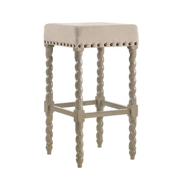 CAROLINA CLASSIC Remick 30 in. Weathered Gray Barley Twist Upholstered Stool