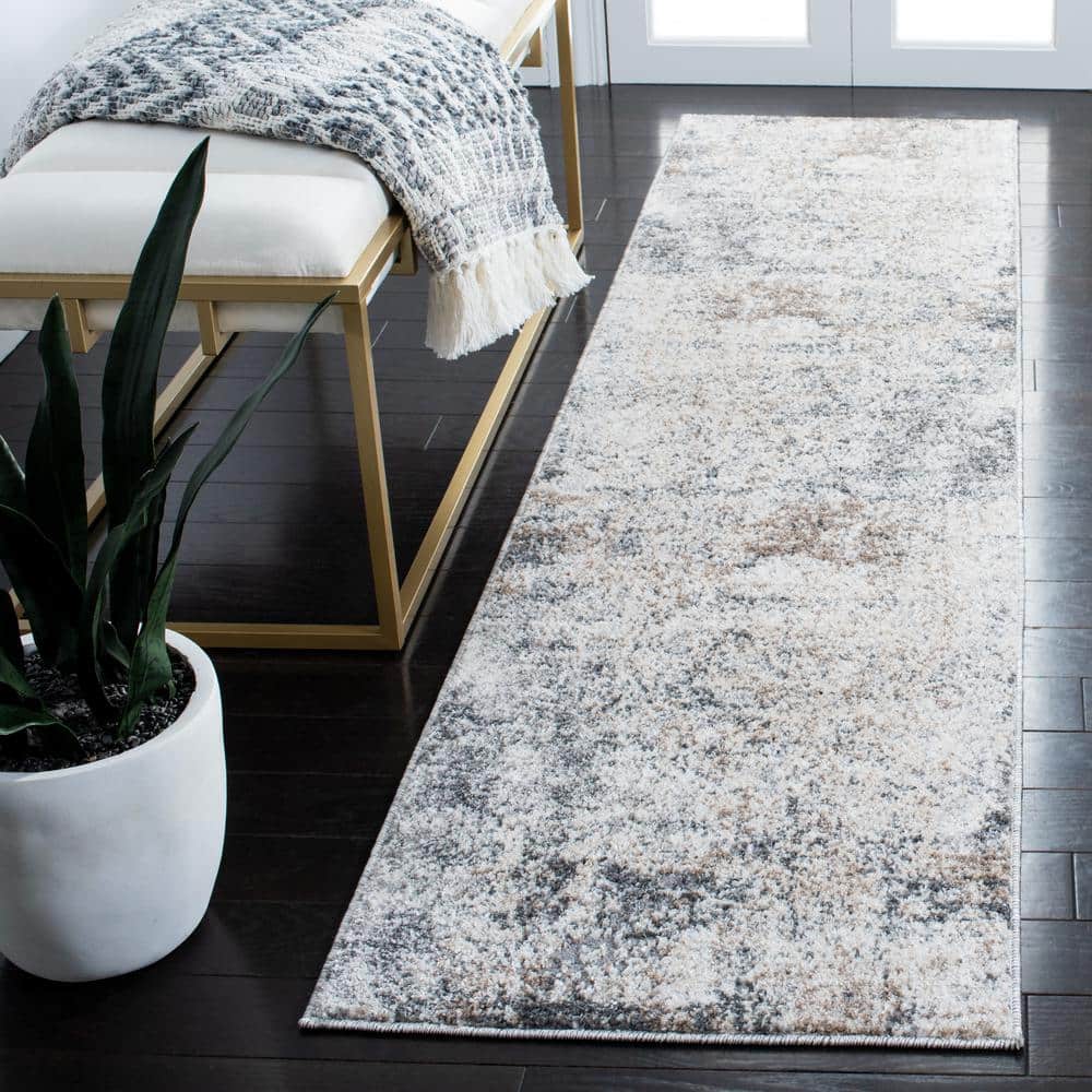 Ivory and Gray Abstract Stain-Resistant Runner Rug