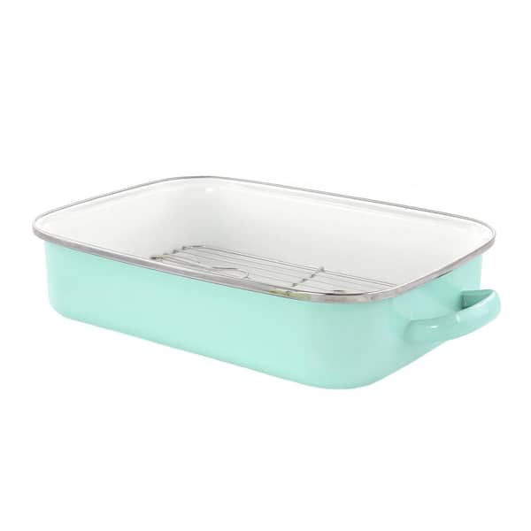 MARTHA STEWART 6.8 qt. 16 in. Enamel on Steel Roasting Pan Cookware with Rack in Mint