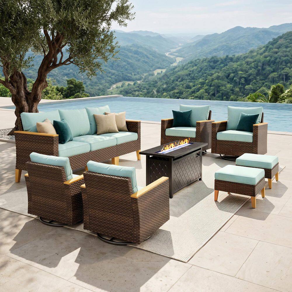 Brown Rattan Wicker 9-Seat 10-Piece Steel Outdoor Fire Pit Patio Set with Blue Cushions,4 Swivel Sofas and 2 Ottomans price history on PriceWatchPro