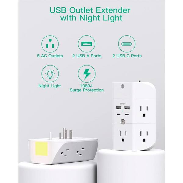 EKIEUDL - 5-Outlet Power Strip Surge Protector Extender Splitter with 4 USB Port in White