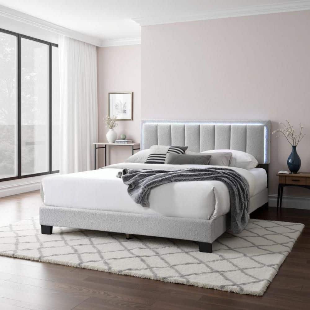 Benjara Zemo Light Gray Wood Frame Queen Size Platform Bed with