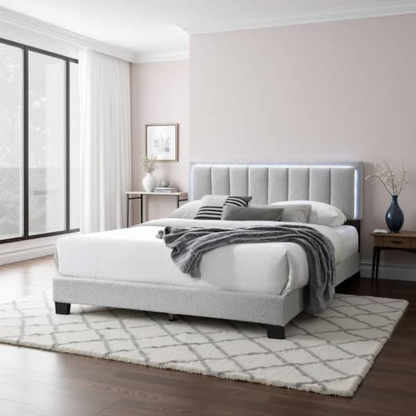 Zemo Light Gray Wood Frame Queen Size Platform Bed with LED Headboard and Tufted Wool Upholstery