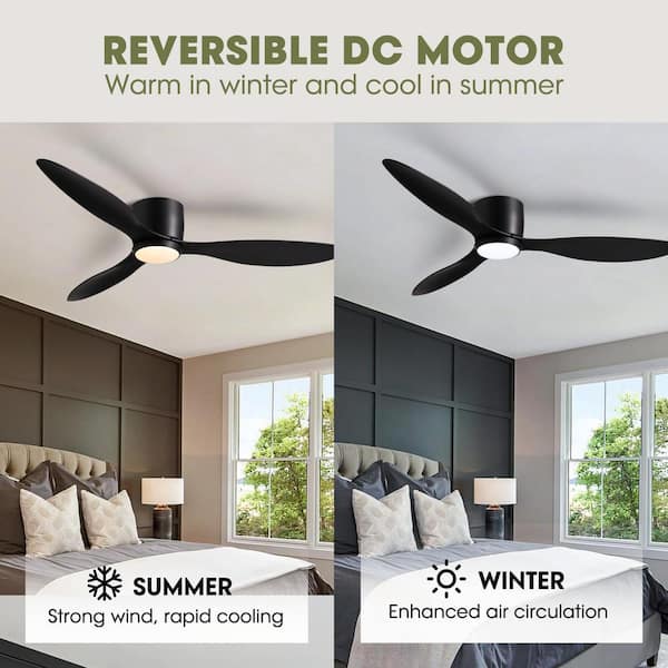 52 in. Smart Indoor Black Low Profile 3 Blades Ceiling Fans with Dimmable Led Lights with Remote Included