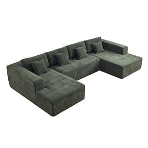 137.79 in Wide Square Arm Chenille U-Shaped Modern Upholstered Sofa in Green with 4-Pillows