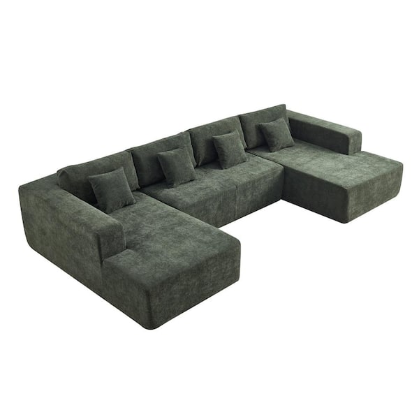 Z-joyee 137.79 in Wide Square Arm Chenille U-Shaped Modern Upholstered Sofa in Green with 4-Pillows