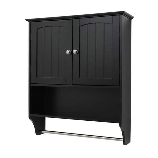 Dracelo 23.6 in. W x 7.9 in. D x 27.6 in. H Black Wood Wall Mounted Bathroom Storage Wall Cabinet with Shelves and Towels Bar