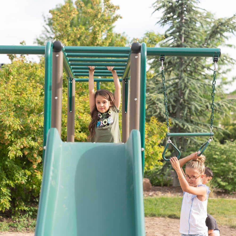 Green and Brown Metal Monkey Bar Swing Set with Slide