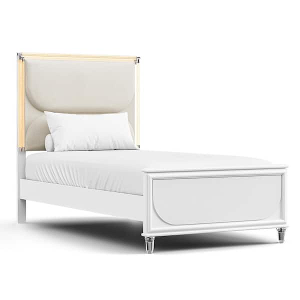 Glosan Pearl White Wood Frame Twin Kids Platform Bed with LED on Upholstered Headboard