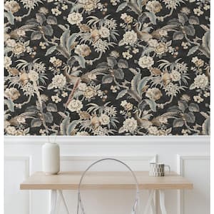 Passerine Pavilion Charcoal Floral Vinyl Peel and Stick Wallpaper Roll (Covers 30.75 sq. ft.)