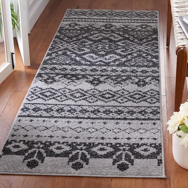 Adirondack Silver/Black 3 ft. x 18 ft. Geometric Runner Rug