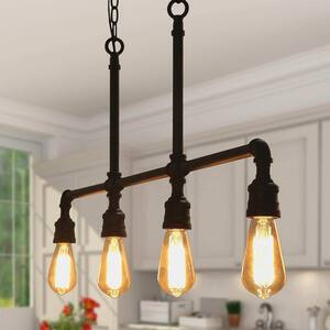 Black Island Chandelier, Industrial 4-Light Linear Matte Black Pipe Chandelier Kitchen Hanging Pendant Light