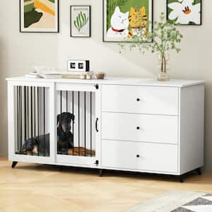 Wooden Large Dog Crate Furniture Style Storage Cabinet, Heavy-Duty Dog Kennel with 3-Drawers for Large Dogs, White