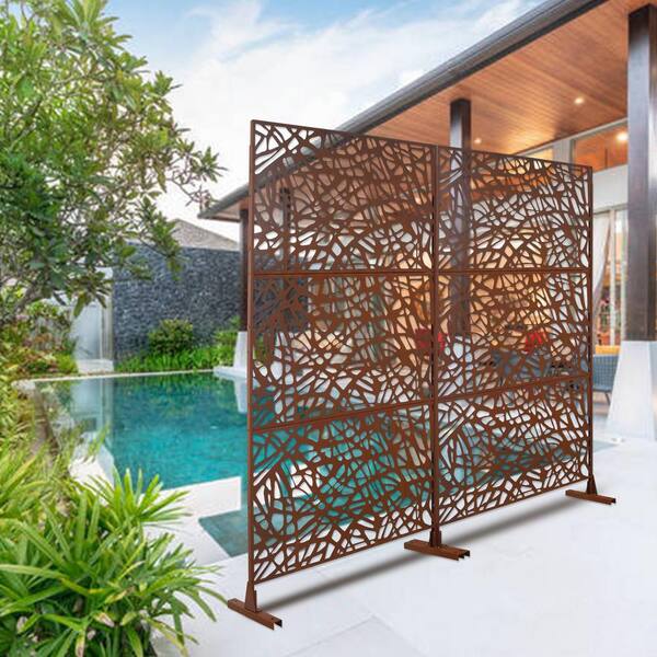 Sudzendf Outdoor and Indoor Freestanding Decorative Privacy Screen Metal Privacy Screen, Fence Panels in Rust Red