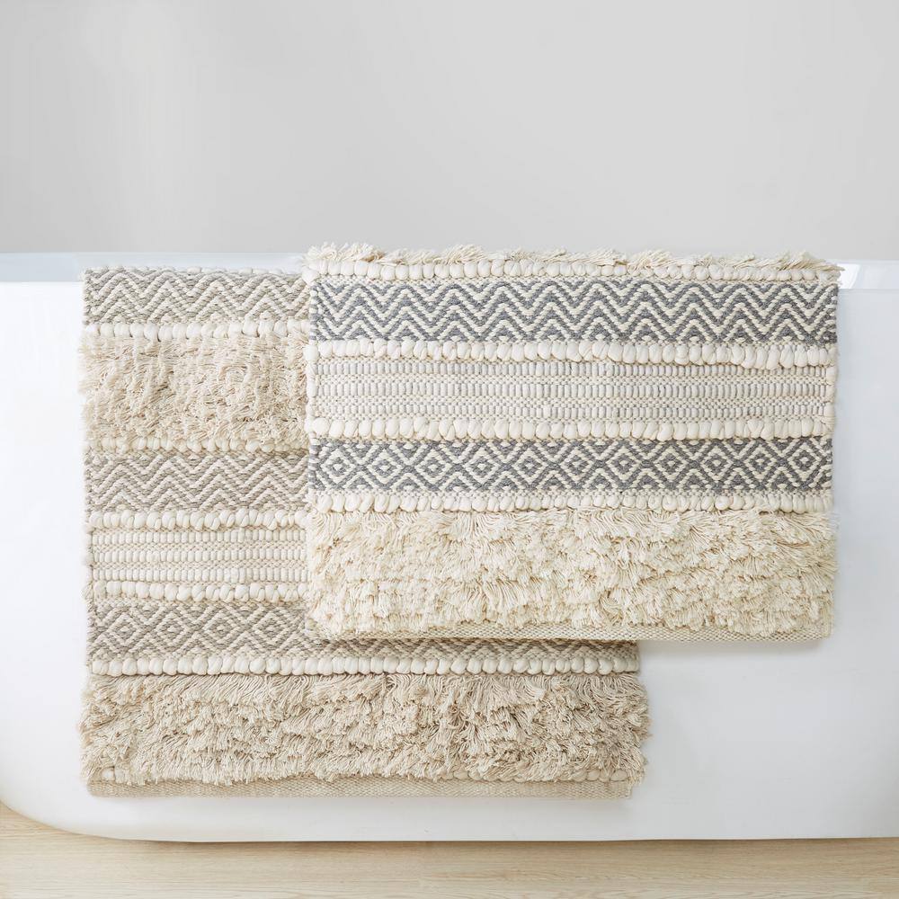 Asher Natural and Gray Cotton Blend Striped Bath Rug